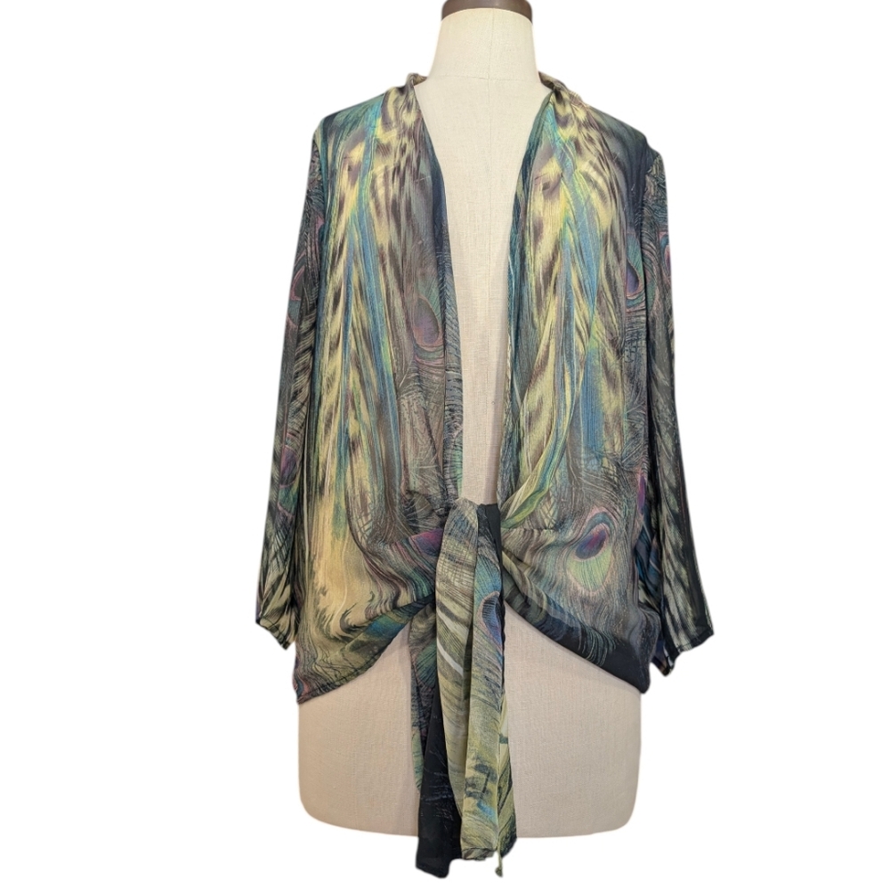 Chenault sheerchiffon peacock Kimono jacket duster, W/ knot/tie front. Medium. - Picture 3 of 16